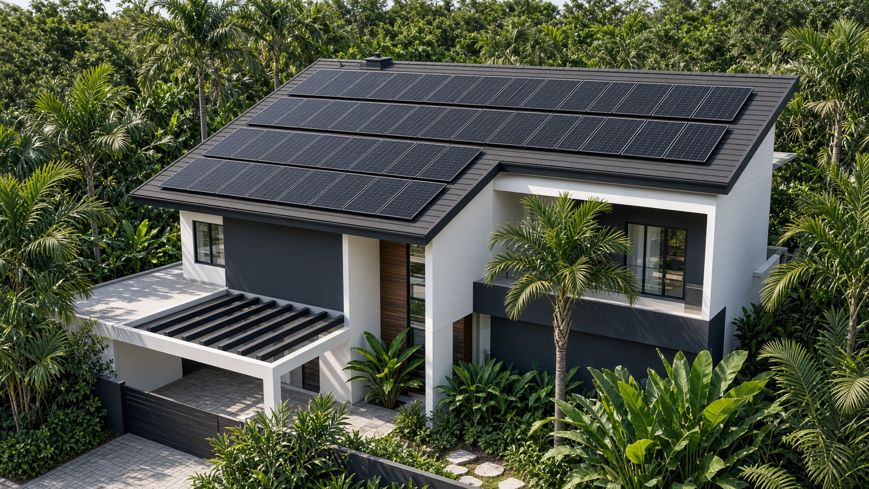 Telhado com módulos fotovoltaicos
